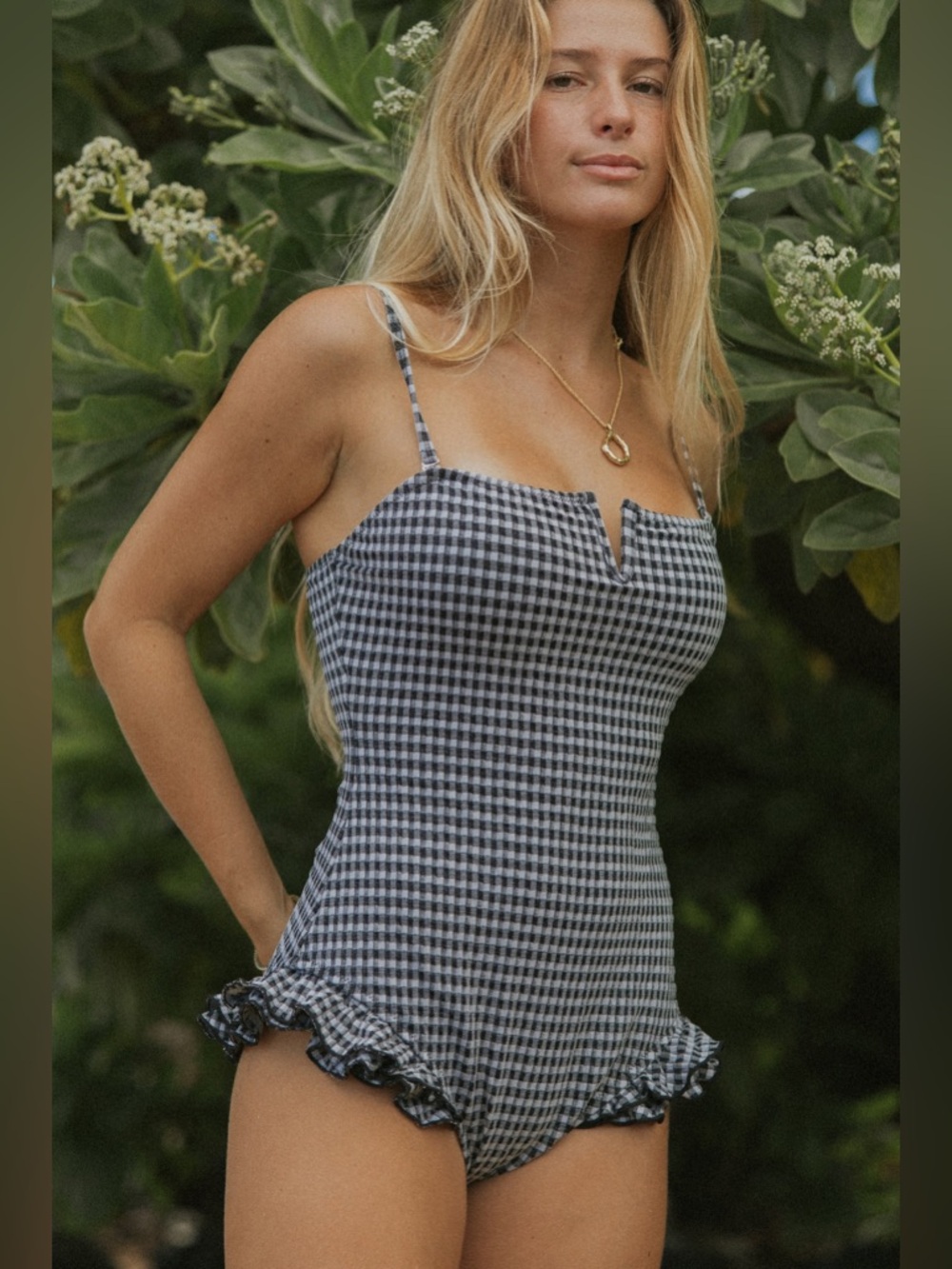 NWT GEODE Caroline One Piece Gingham Ruffle Swimsuit Notch Neck Small 7312